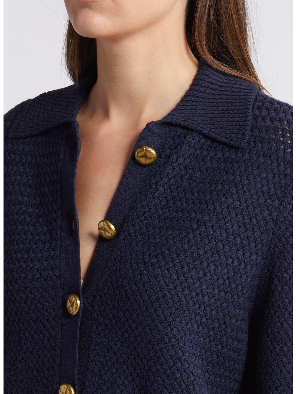 Rag & Bone S Basket Weave Knit Merino Blend Knit Preppy Navy Cardigan Gold - Picture 2 of 15